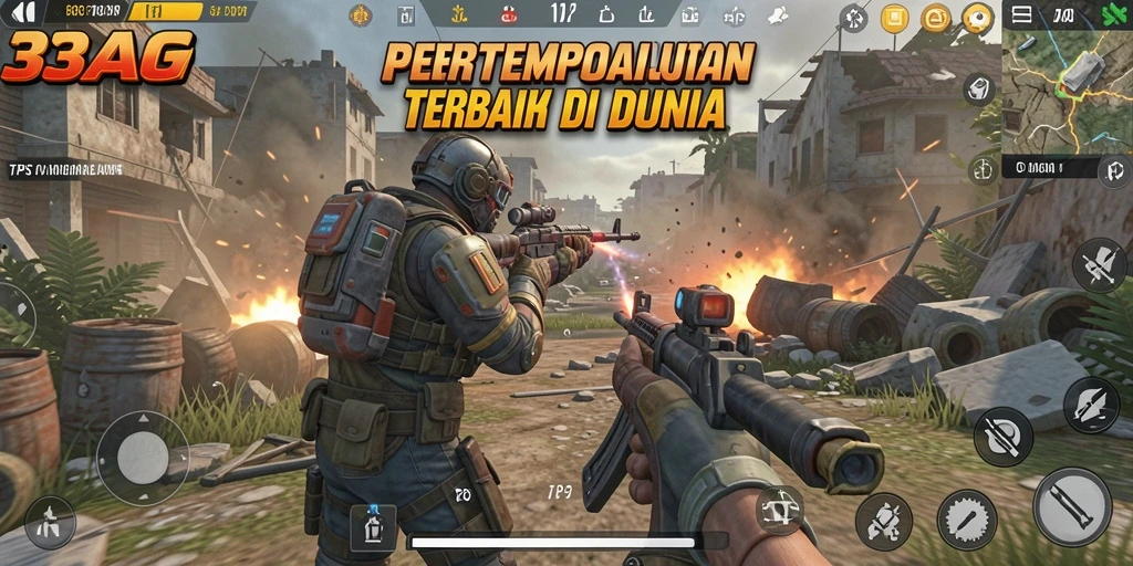 Screenshot gameplay 33AG menampilkan pertempuran mendebarkan di arena TPS.