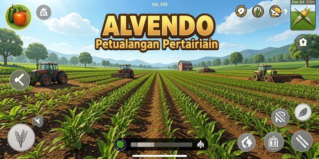 Tangkapan layar gameplay ALVENDO yang menunjukkan suasana pertanian yang asyik.