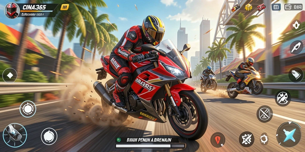 Screenshot utama CINA365 menampilkan action balapan motor yang mendebarkan.