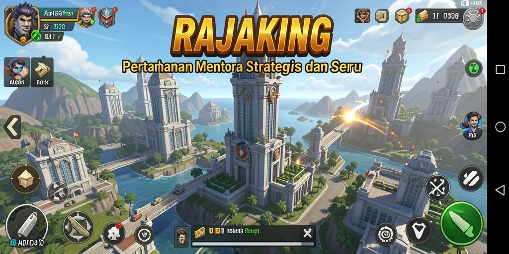 Screenshot menunjukkan pertahanan menara yang strategis di RAJAKING.