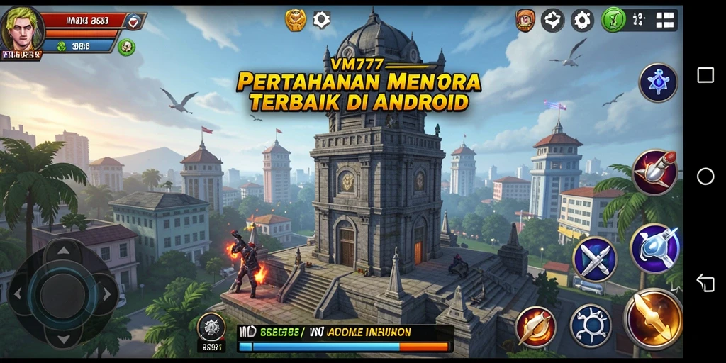 Screenshot gameplay VM777 menampilkan aksi pertahanan menara yang seru.
